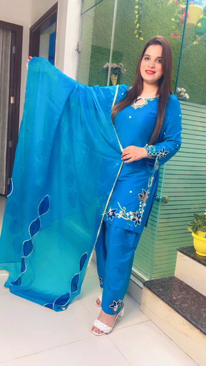 Blue Embroidered Farshi Salwar Suit And Dupatta Set (KSD046)