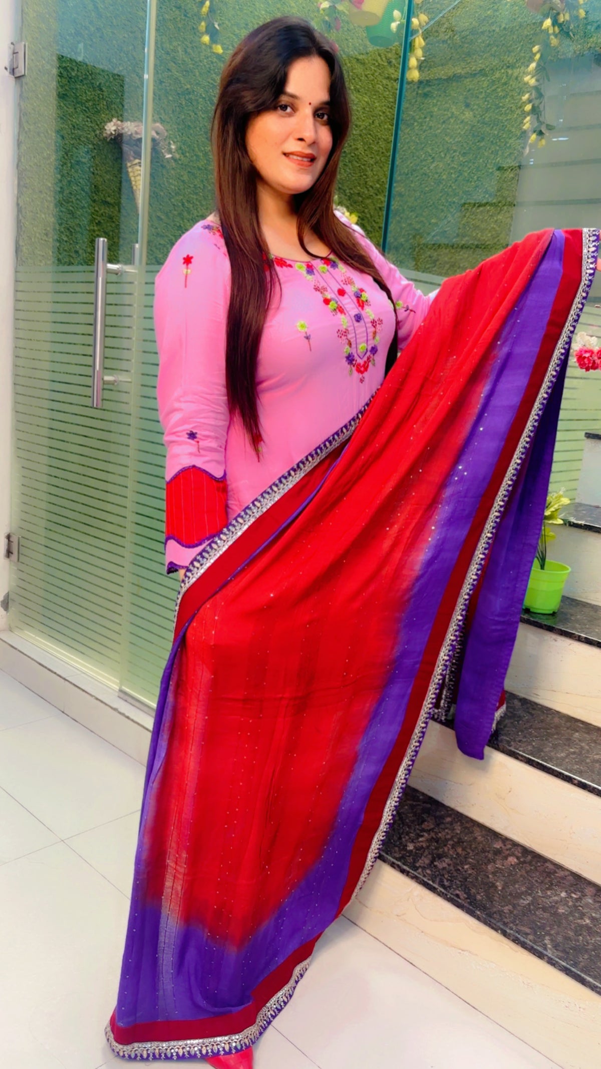 Pink Thread Worked Suit With Salwar And Tie-Dye Dupatta Set (KSD027)