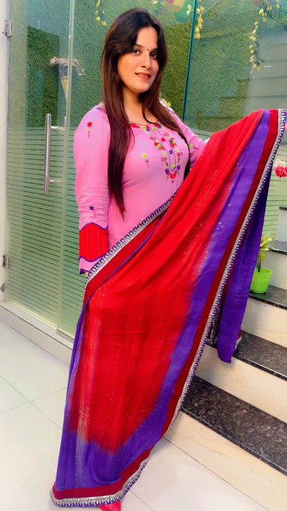 Pink Thread Worked Suit With Salwar And Tie-Dye Dupatta Set (KSD027)
