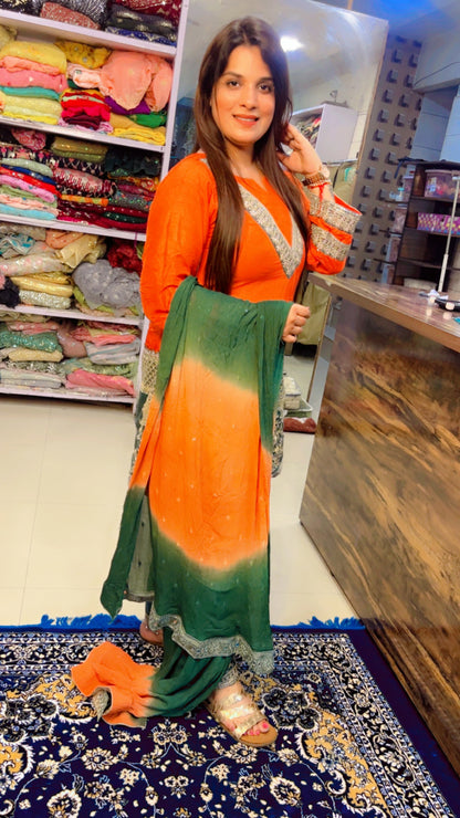 Orange And Green Designer Partywear Suit (SS001)