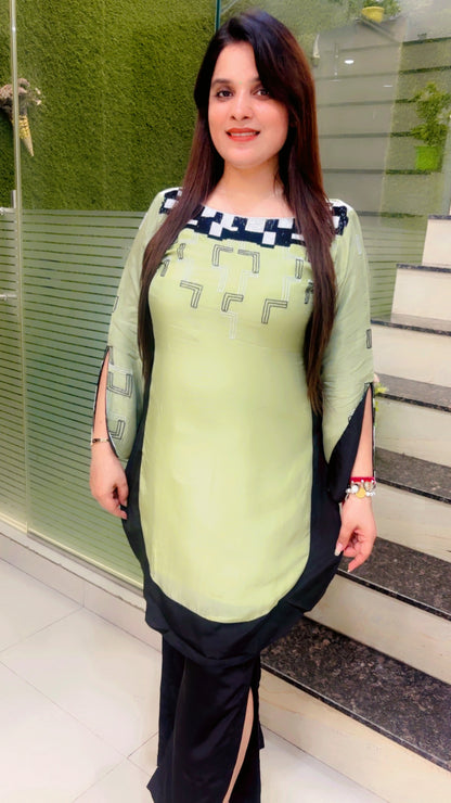 Green Hand Worked Kurti Set With Black Bell Bottom (KS075)