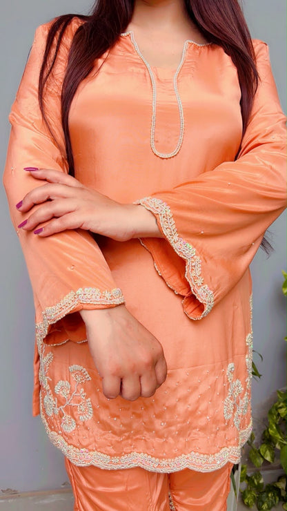 Peach Kashmiri Palazzo Kurti And Dupatta
