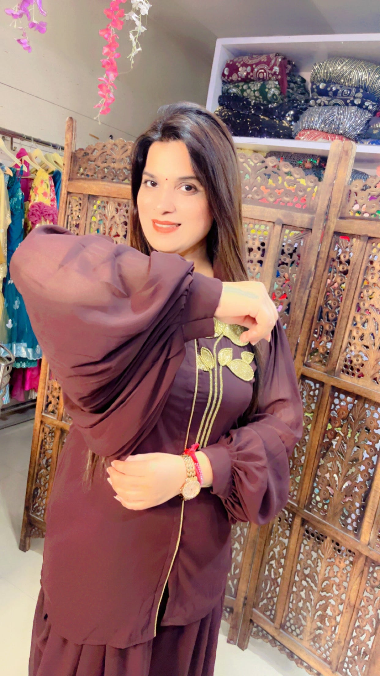 Brown Georgette Designer Hand Embroidered Short Kurta And Dhoti Salwar Set (DS)