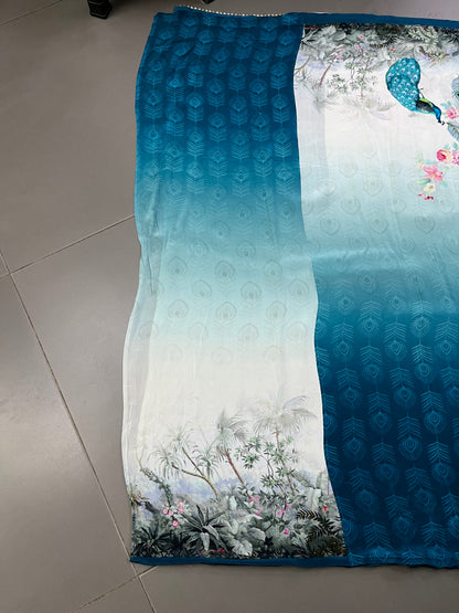 Peacock Print Unstitched Suit Material with Dupatta