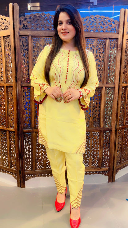 Yellow Silk Pant Suit With Chinon Dupatta For Haldi Function