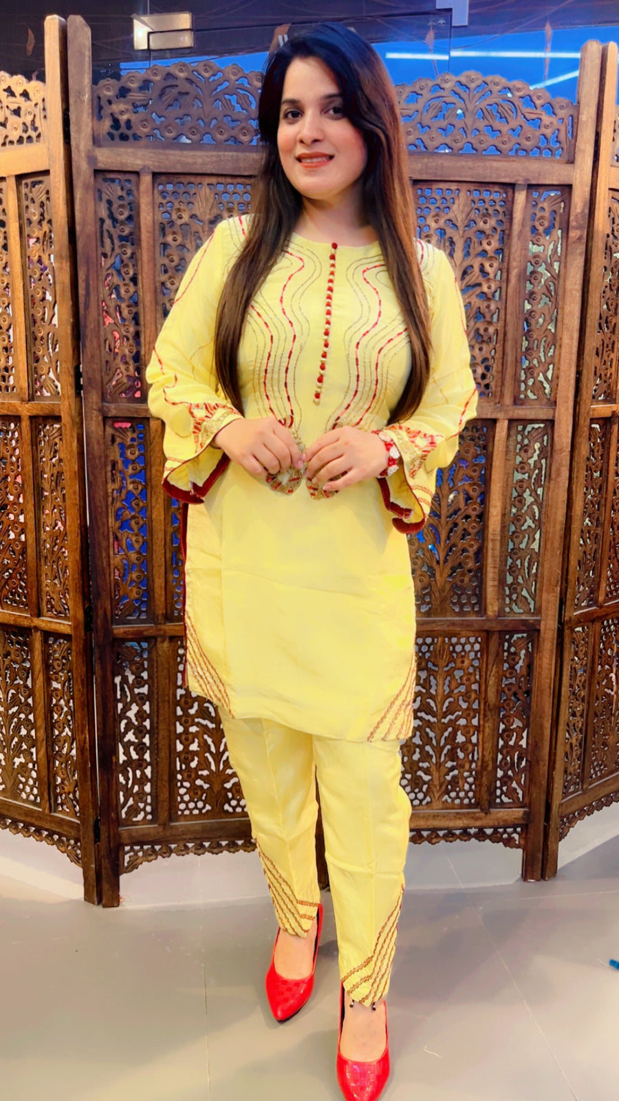 Yellow Silk Pant Suit With Chinon Dupatta For Haldi Function