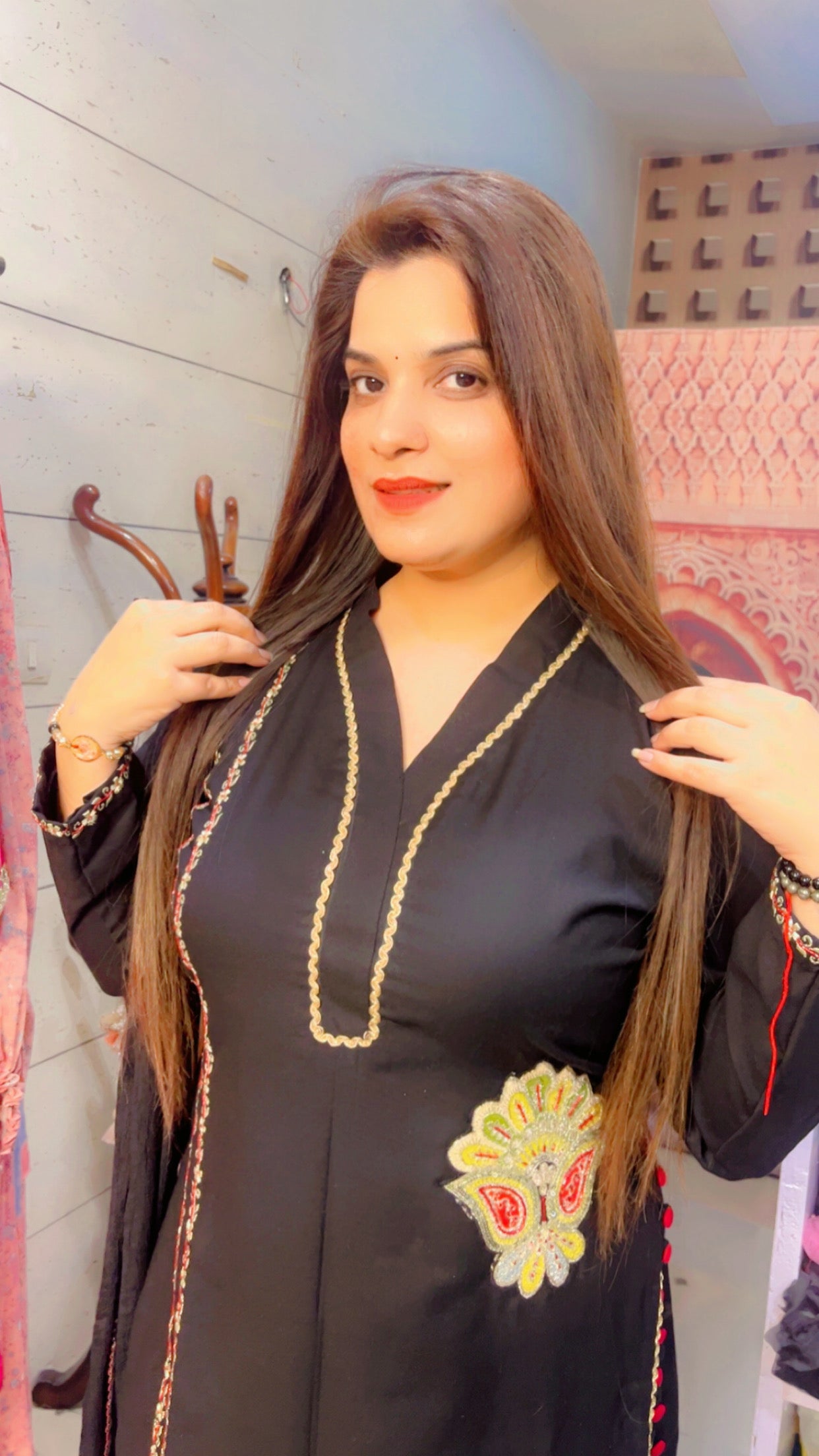 Designer Black Embroidered Cotton Pant Suit With Chiffon Dupatta (PS002)
