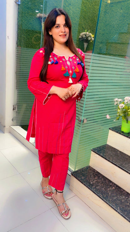 Pink Thread Worked Kurti With Tassels And Matching Pant (KS074)