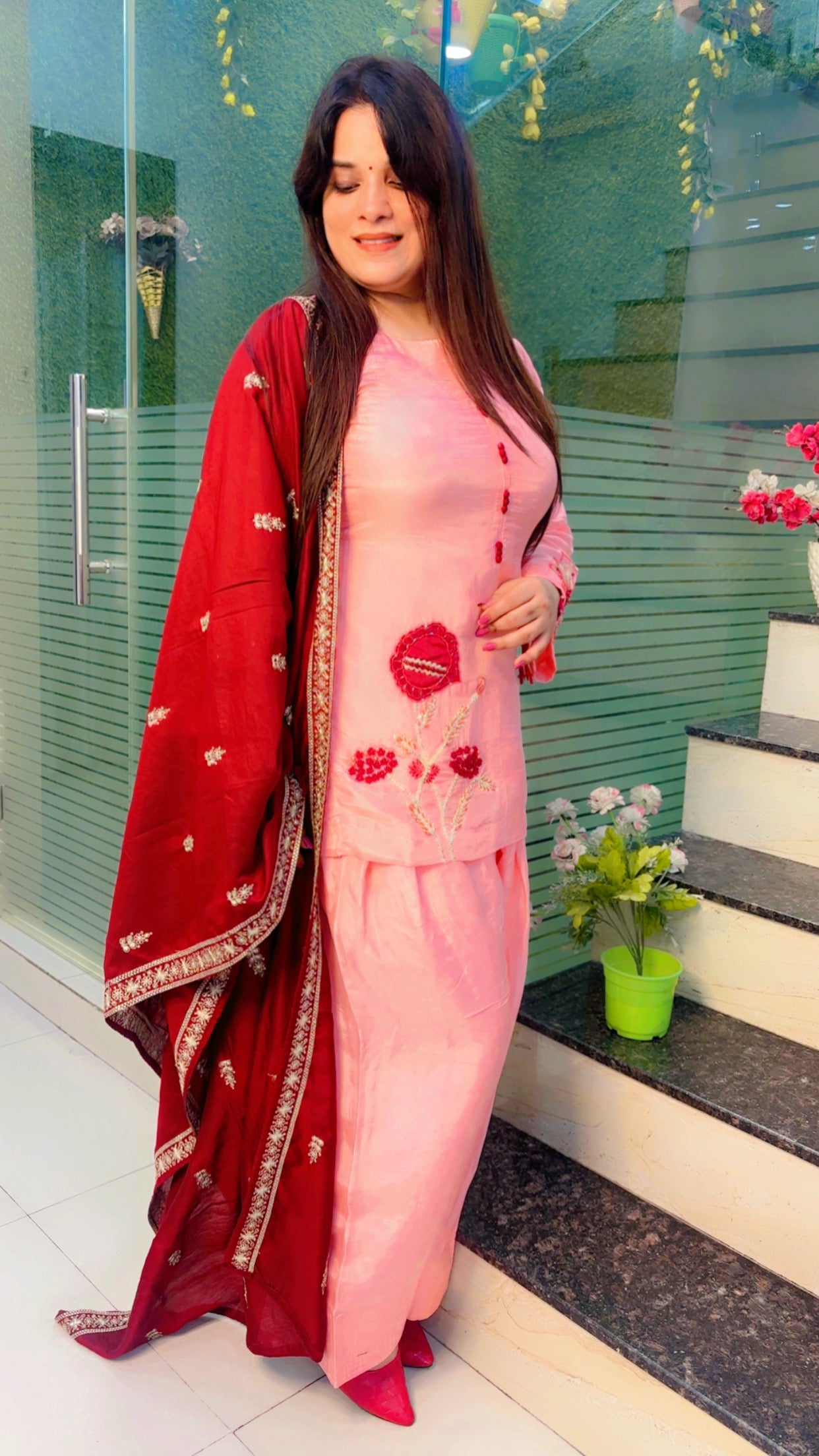 Peach Hand and Patch Worked Silk Farshi Salwar Suit with Dupatta