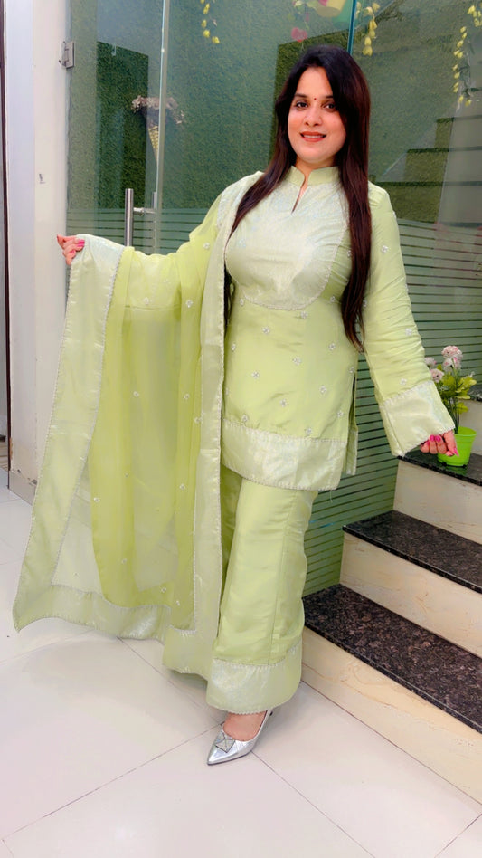 Green Embroidered Silk Bell Bottom And Suit Set