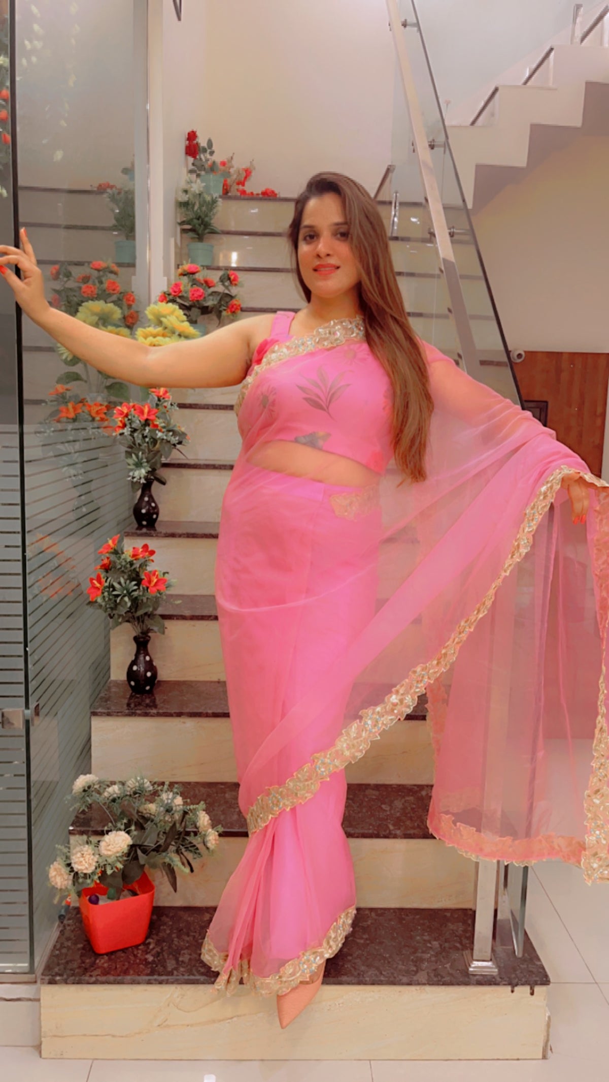 Light Pink Laceworked Saree For Summers (SR022)
