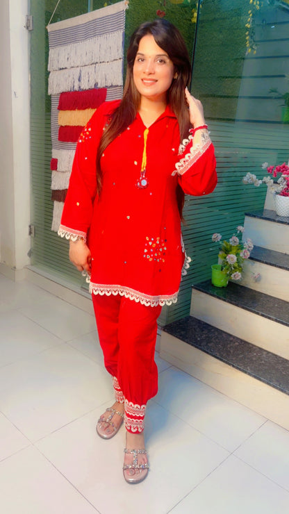 Red Cotton Afghani Salwar with Short Kurti Set