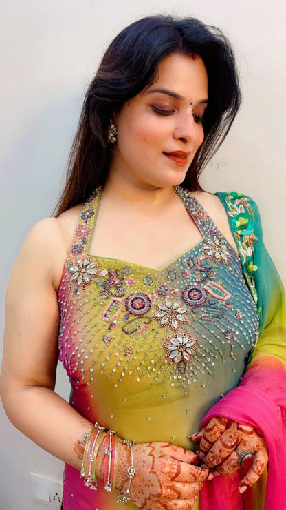 Multi Colour Halter Neck Kurti With Panelled Palazzo Set