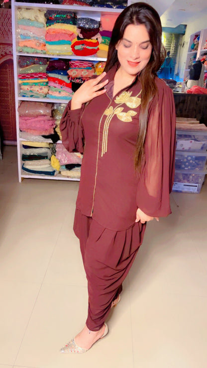 Brown Georgette Designer Hand Embroidered Short Kurta And Dhoti Salwar Set (DS)