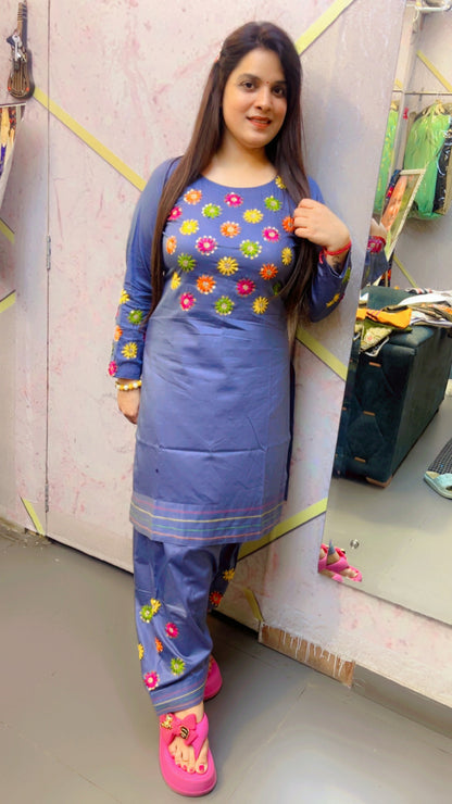 Grey Cotton Designer Hand Embroidered Co-Ord Set For Women (CS)