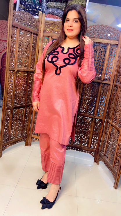 Rose Pink Cotton Fabric Embroidered Casual Wear Co-Ord Set (CS003)