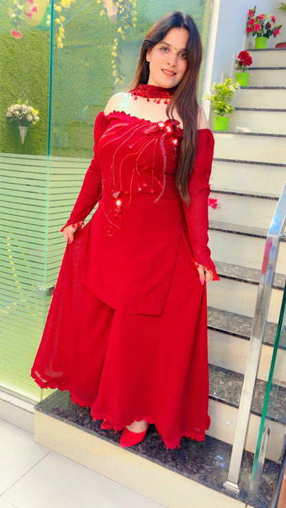 Maroon Embroidered Bridal Trousseau Palazzo Suit