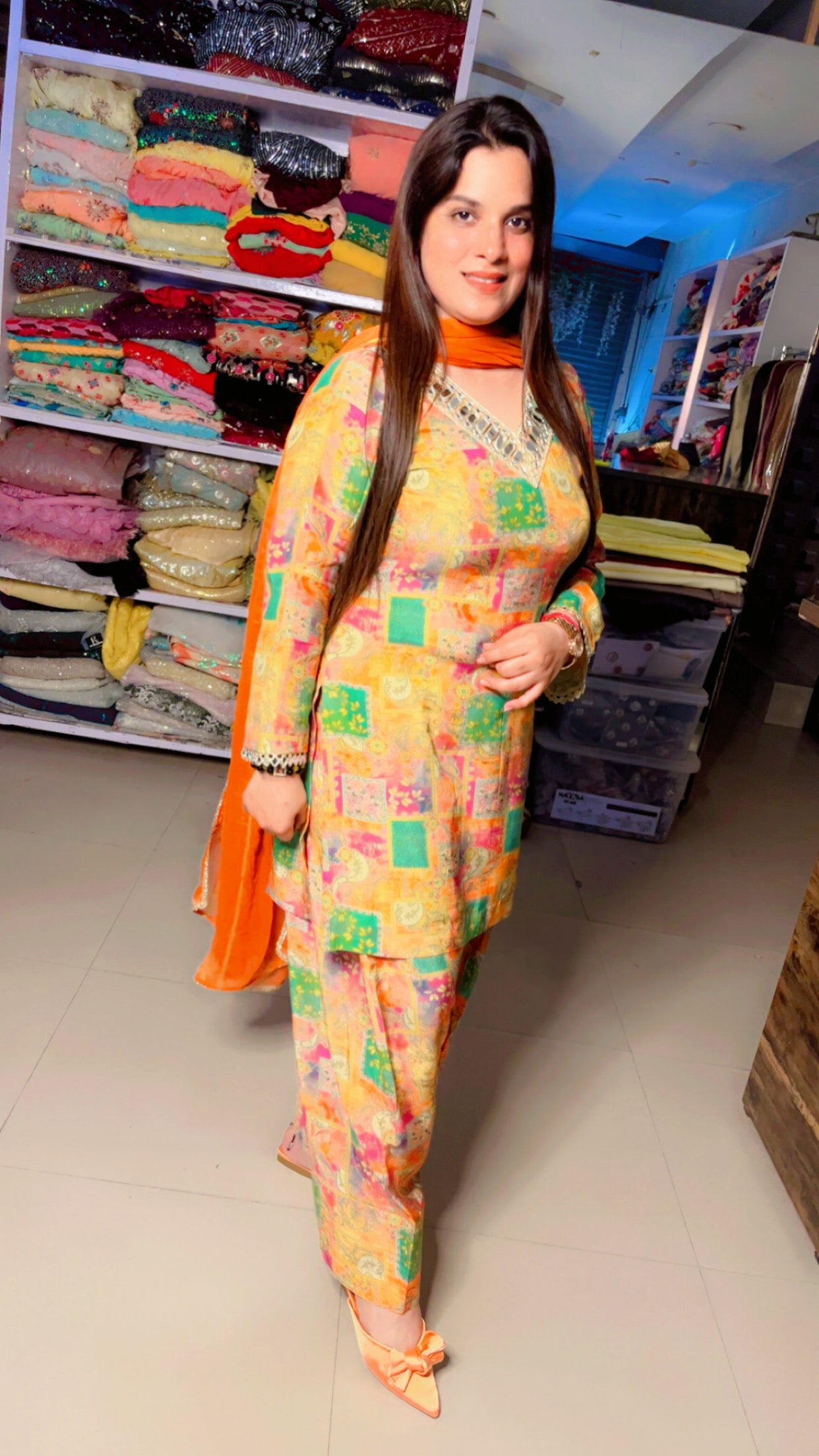 Yellow Muslin Designer Mirror Lace Work Farshi Salwar Suit With Chiffon Dupatta (FS)