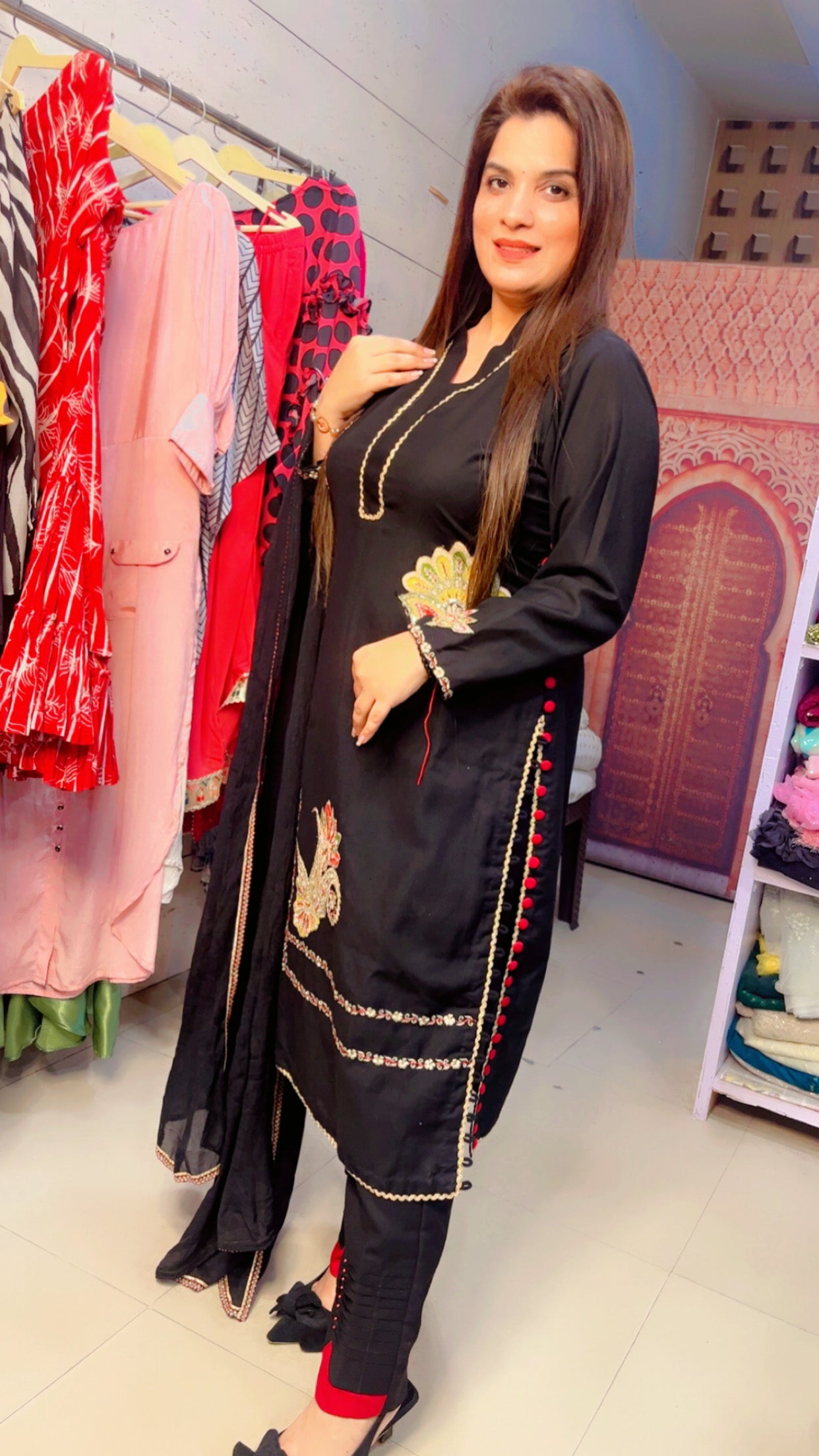 Designer Black Embroidered Cotton Pant Suit With Chiffon Dupatta (PS002)