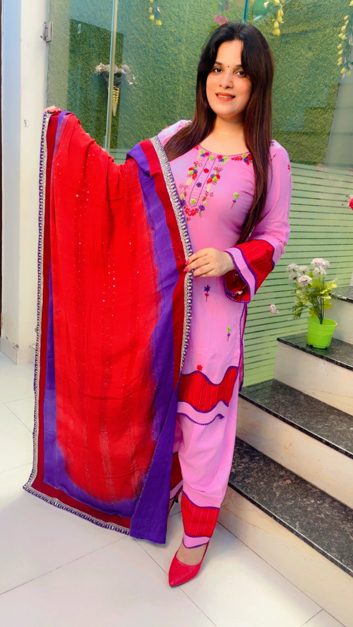 Pink Thread Worked Suit With Salwar And Tie-Dye Dupatta Set (KSD027)