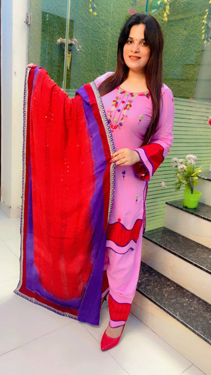 Pink Thread Worked Suit With Salwar And Tie-Dye Dupatta Set (KSD027)