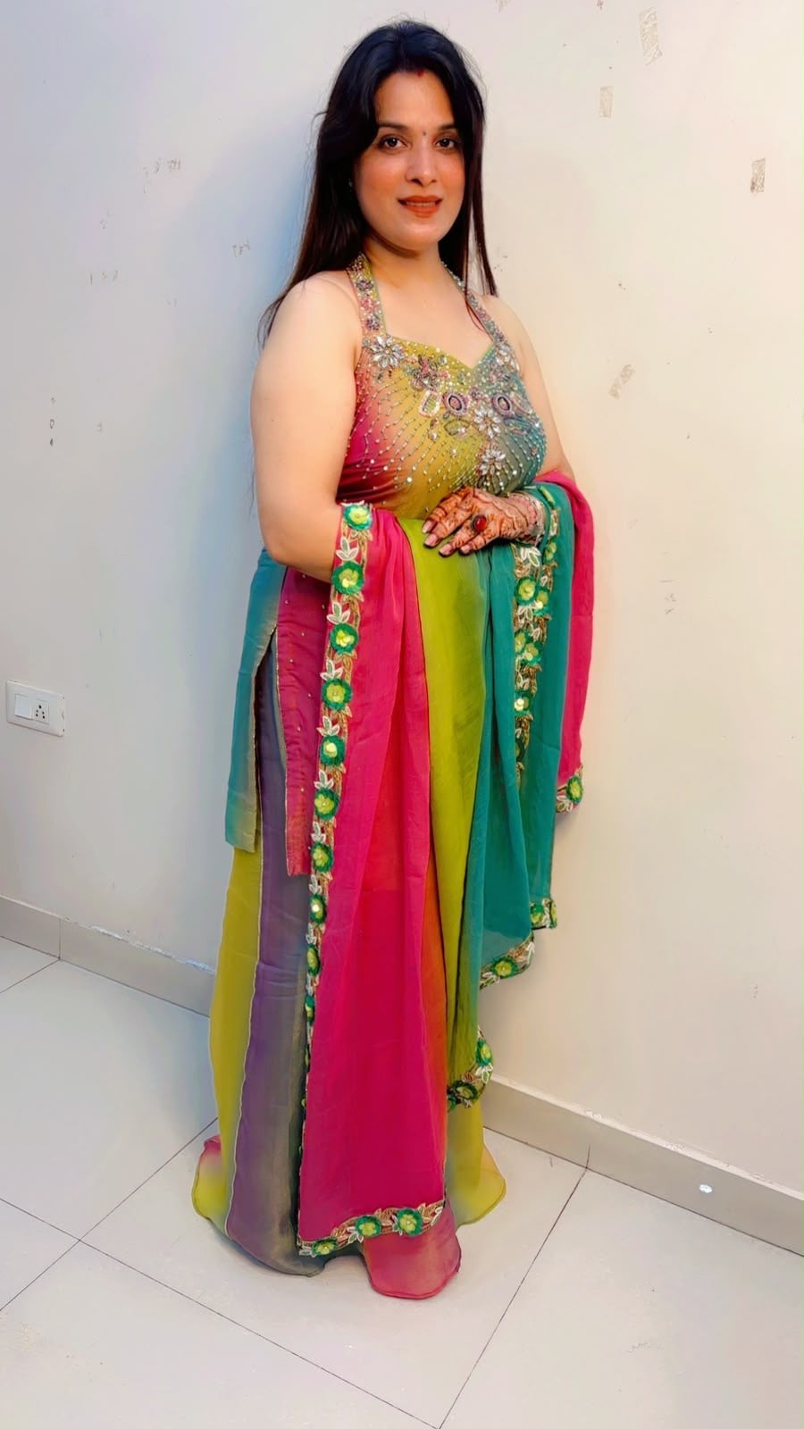 Multi Colour Halter Neck Kurti With Panelled Palazzo Set