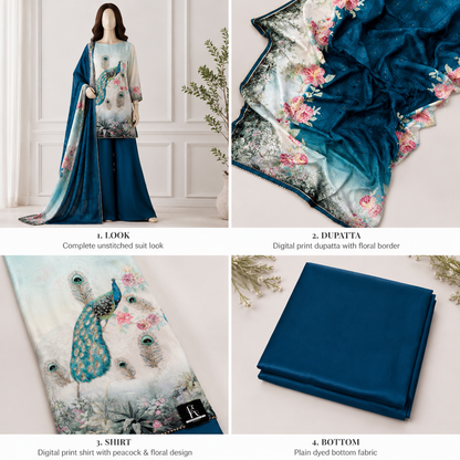 Peacock Print Unstitched Suit Material with Dupatta