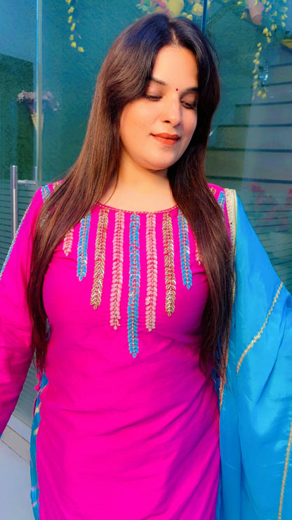 Hot Pink And Turquoise Blue Farshi Salwar Suit with Dupatta