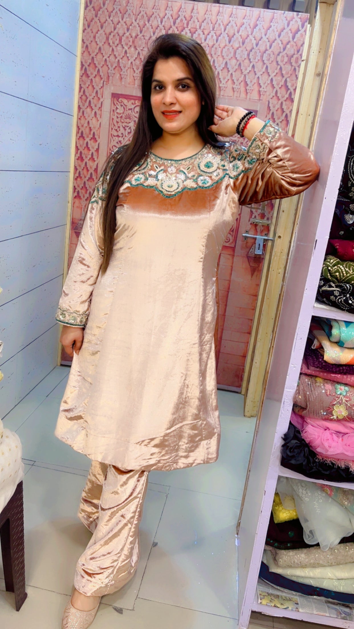 Rose Pink Hand Worked Velvet Set (KS007 )