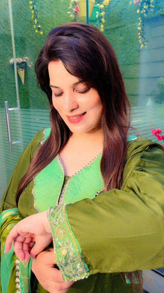 Green Silk Embroidered Salwar Suit With Dupatta (SS)