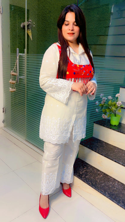 Hand Worked Red Jacket With White Schiffli Co-Ord Set