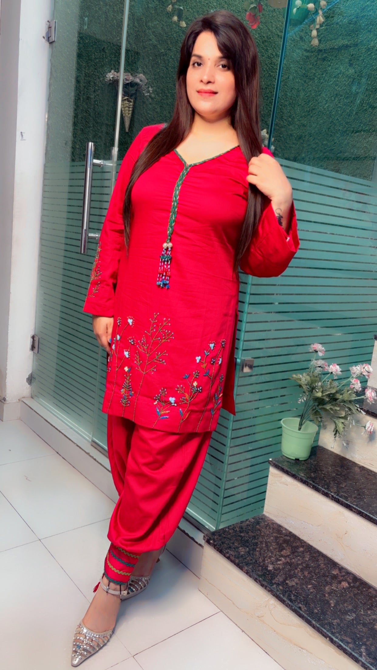 Pink Cotton Thread Embroidered Co-Ord Set For Women (CS)