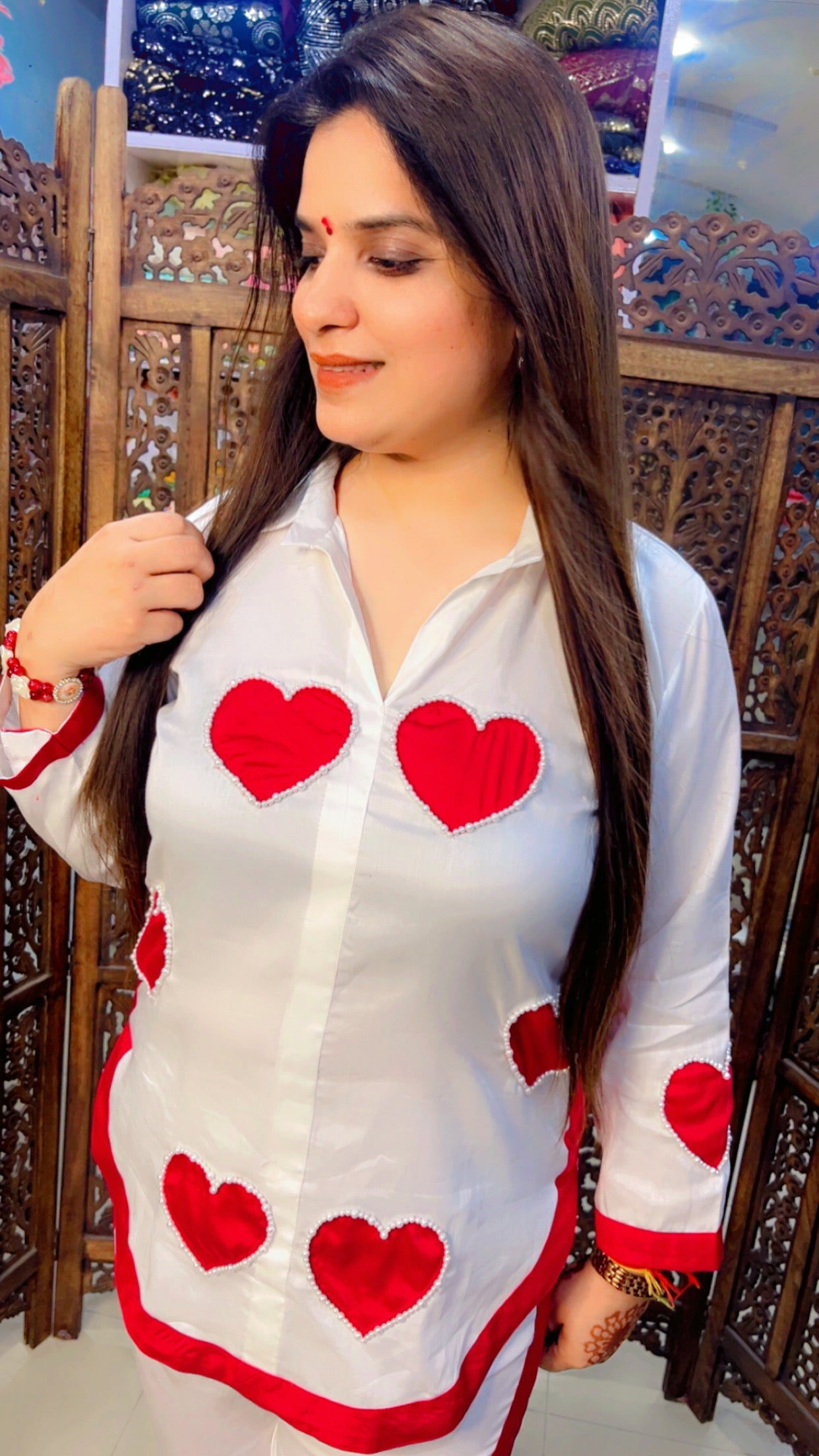 White Cotton Trendy Co-Ord Set With Red Hearts Pattern For Casual Wear (CS001)