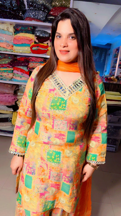 Yellow Muslin Designer Mirror Lace Work Farshi Salwar Suit With Chiffon Dupatta (FS)