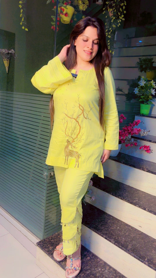 Light Yellow Cotton Embroidered Co-Ord Set (CS010)