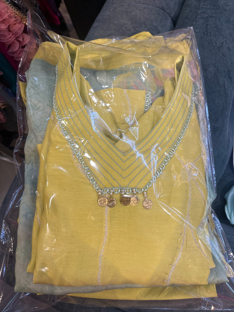 Yellow Cotton Unstitched Suit with Dupatta Set