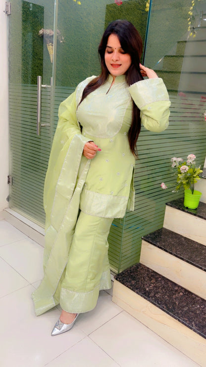 Green Embroidered Silk Bell Bottom And Suit Set