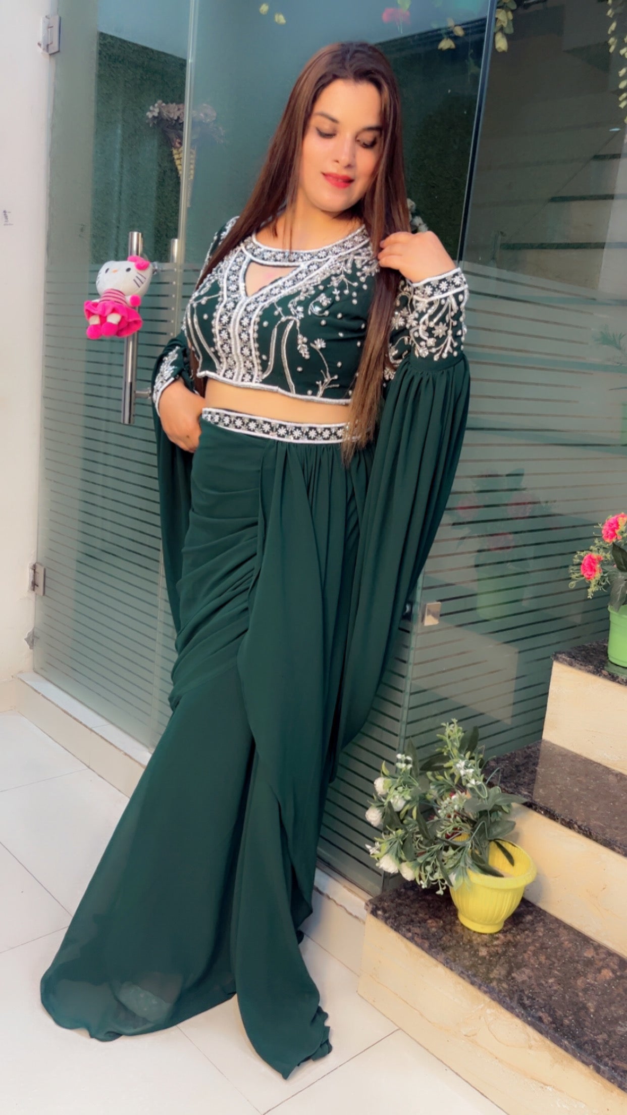 Bottle Green Wedding Wear Drape Dress (DD001)