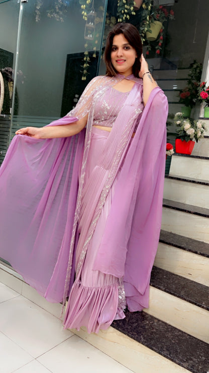 Lavender Saree With Cape For Weddings (SR021)