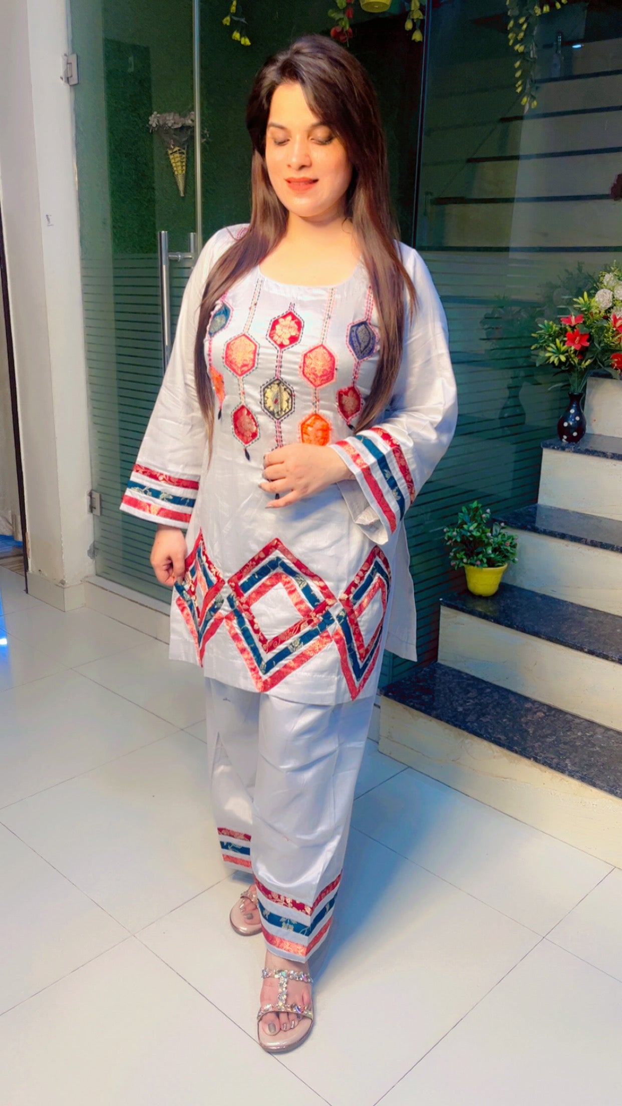 Light Grey Cotton Designer Fabric Patch Work And Hand Work Detail Co-Ord Set (CS)