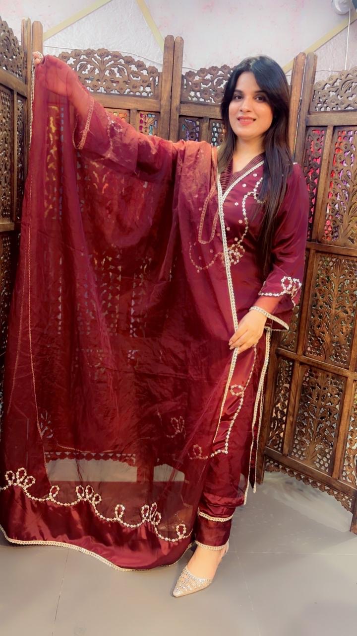 Hand Work Crepe Pakistani Suit In Dark Brown