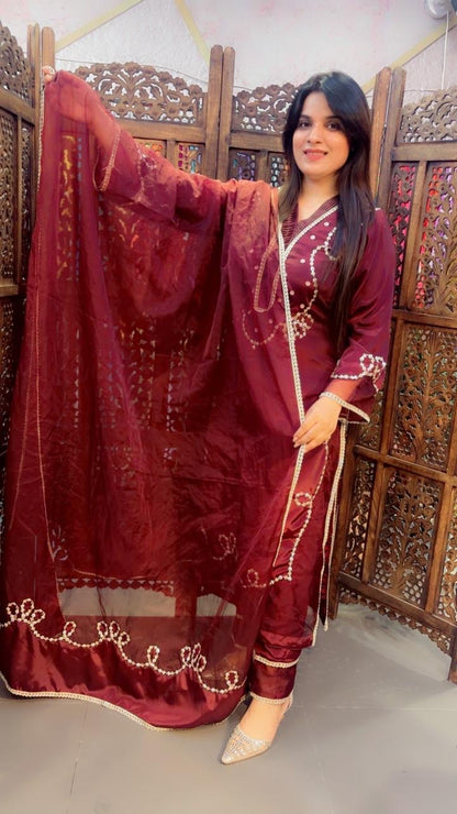Hand Work Crepe Pakistani Suit In Dark Brown
