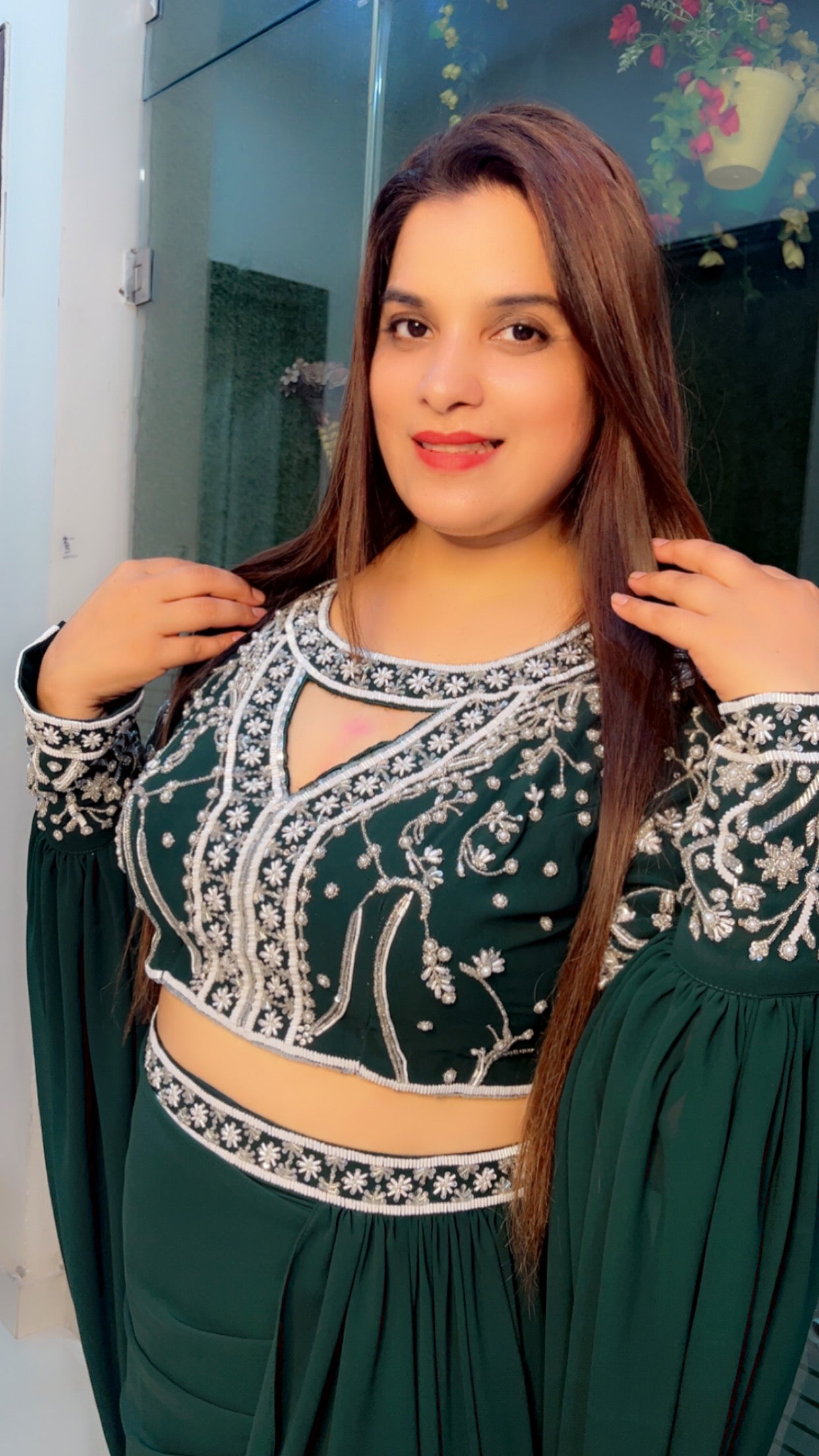 Bottle Green Wedding Wear Drape Dress (DD001)