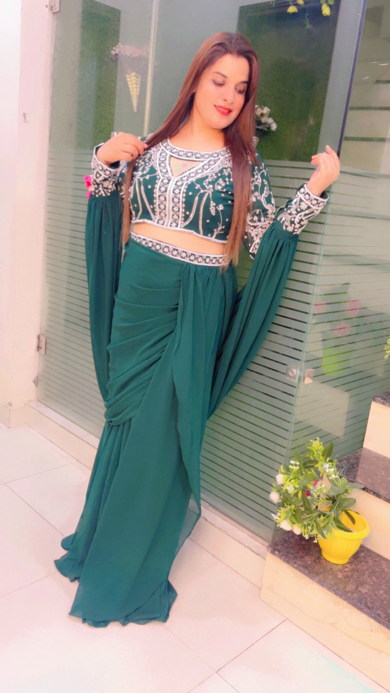 Bottle Green Wedding Wear Drape Dress (DD001)