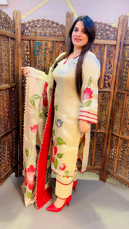 Hand Painted Tissue Silk Pakistani Suit Set In Ivory