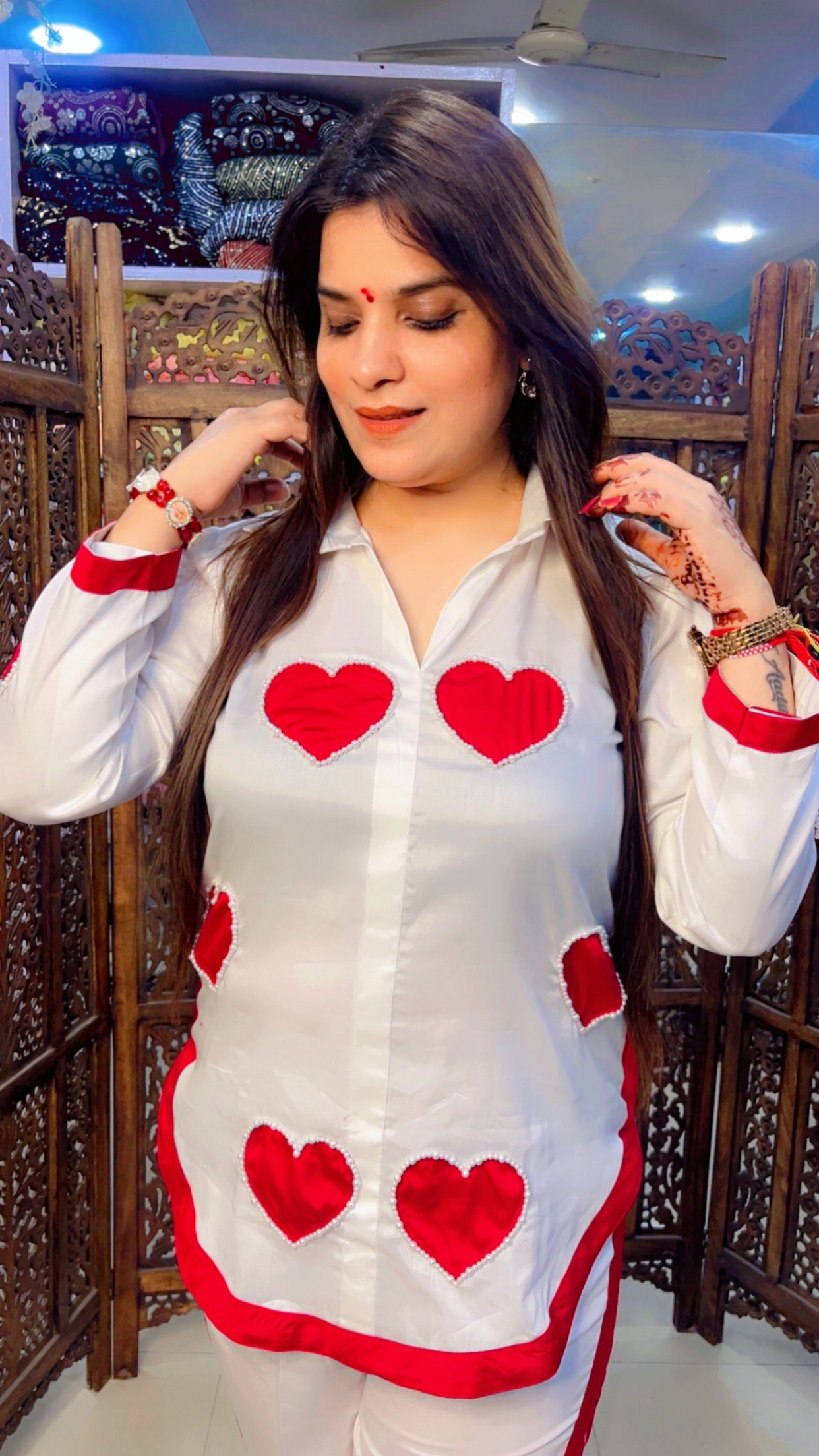 White Cotton Trendy Co-Ord Set With Red Hearts Pattern For Casual Wear (CS001)