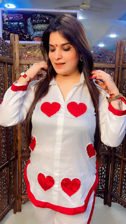 White Cotton Trendy Co-Ord Set With Red Hearts Pattern For Casual Wear (CS001)