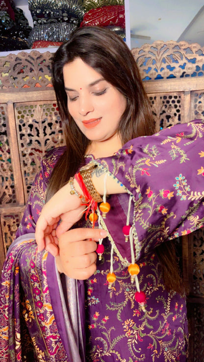 Purple Pure Satin Designer Lace Work And Tassel Detail Suit And Pant With Dupatta (PS)