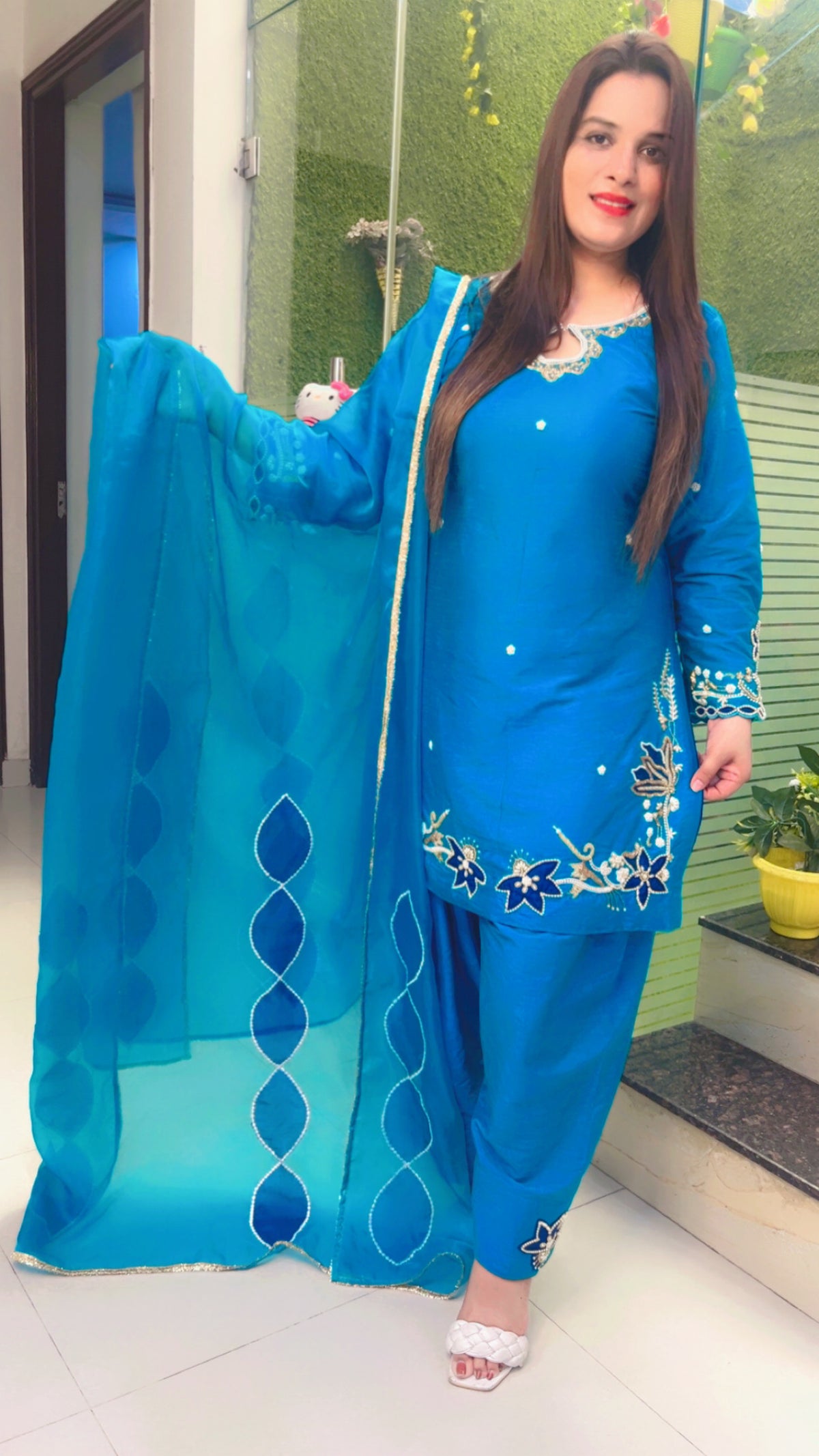 Blue Embroidered Farshi Salwar Suit And Dupatta Set (KSD046)