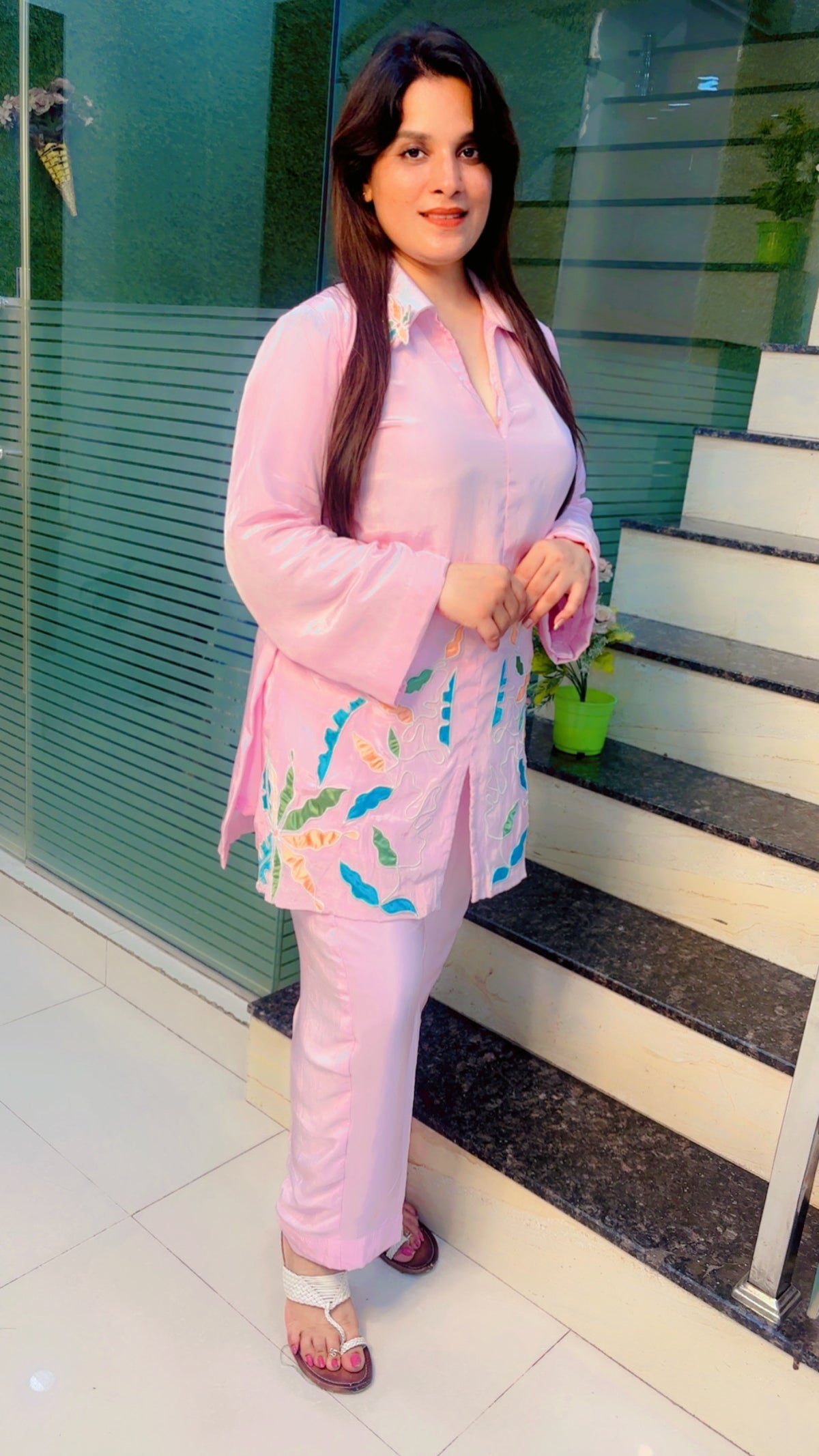 Pink Patch Work Co-Ord Set in Crepe